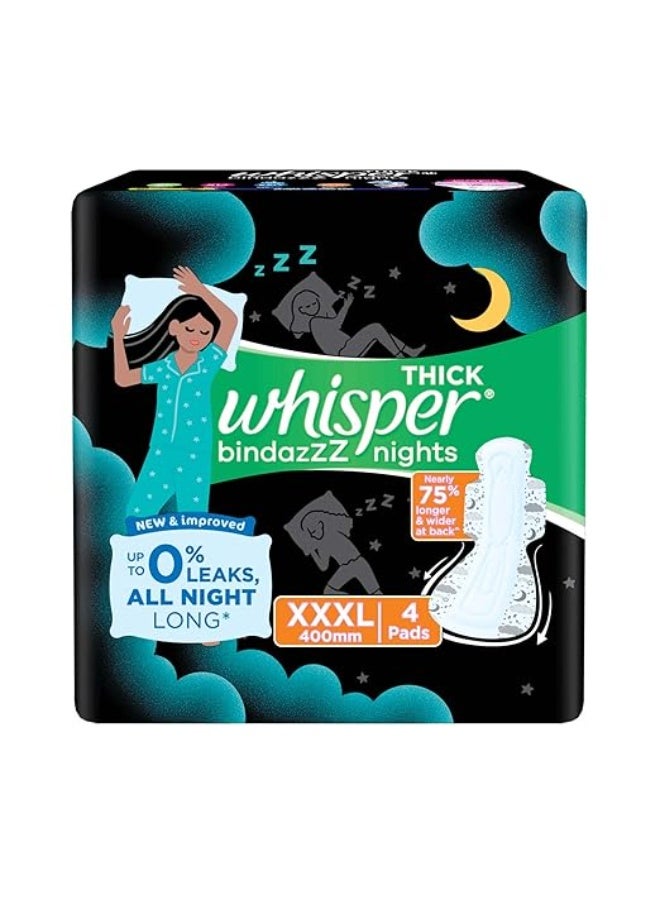 Whisper Bindazzz Night Sanitary Pads|4 thick Pads|XXXL|upto 0% Leaks|Suitable for Heavy Flow|75% Longer & Wider back|Comfortable Cushiony soft wings|40 cm Long|With disposable wrap - Image 2
